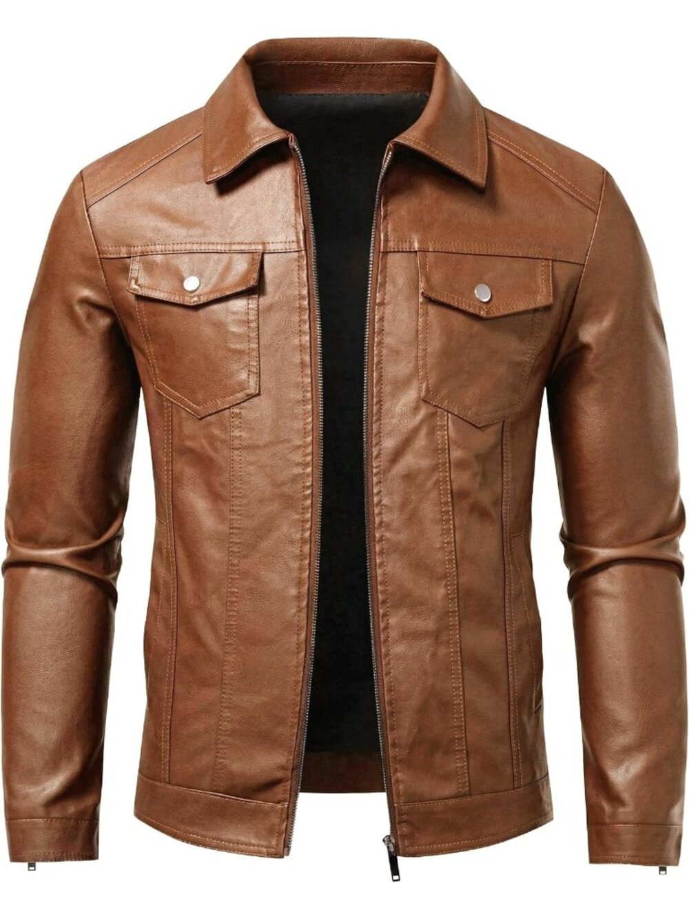 Men's All Brown Faux Leather Two Side Hand Pockets Motorcycle Biker Jacket